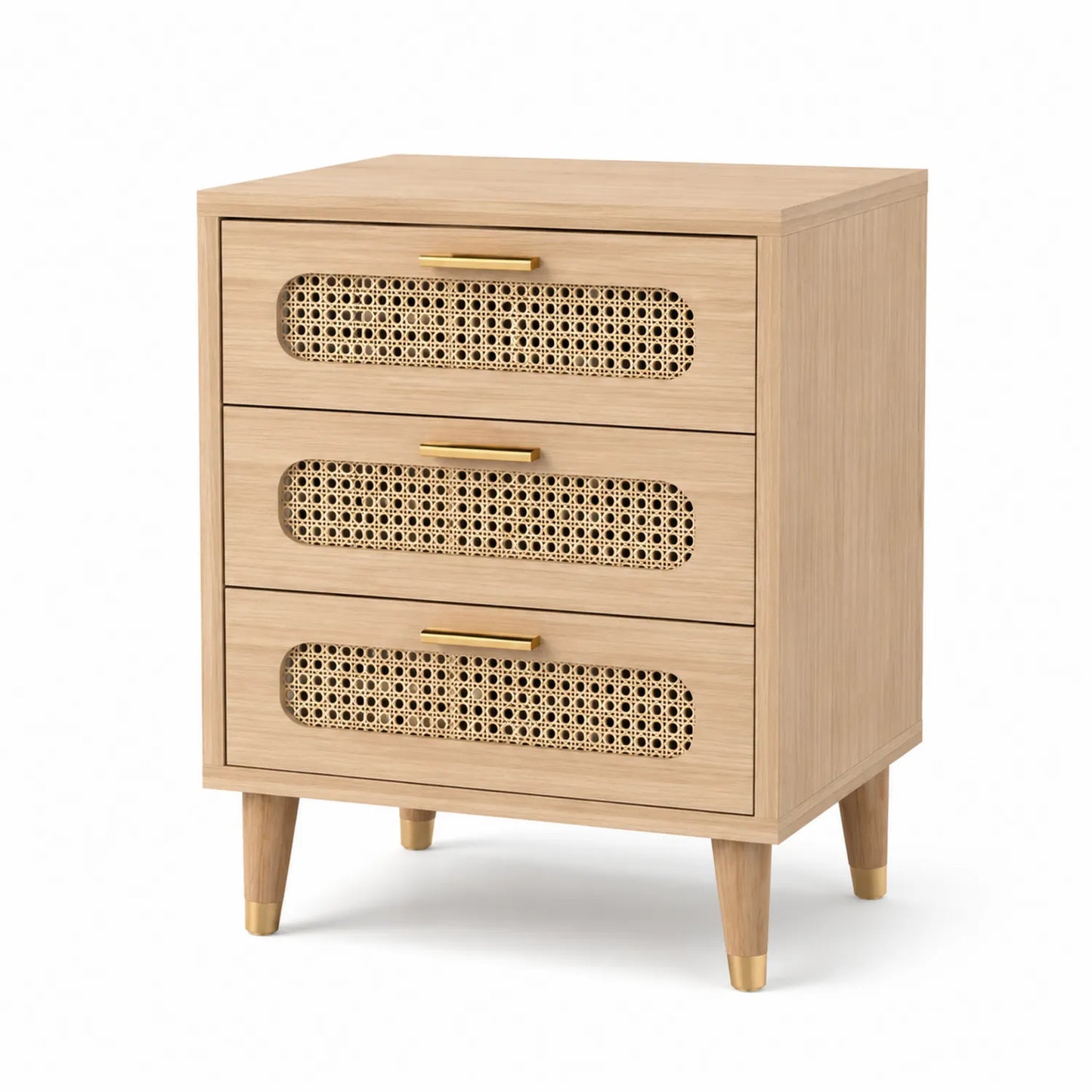 Szafka nocna rattanowa 3 szuflady 55 x 40 x 60 cm MDF dąb naturalny beżowy złoty prostokątna