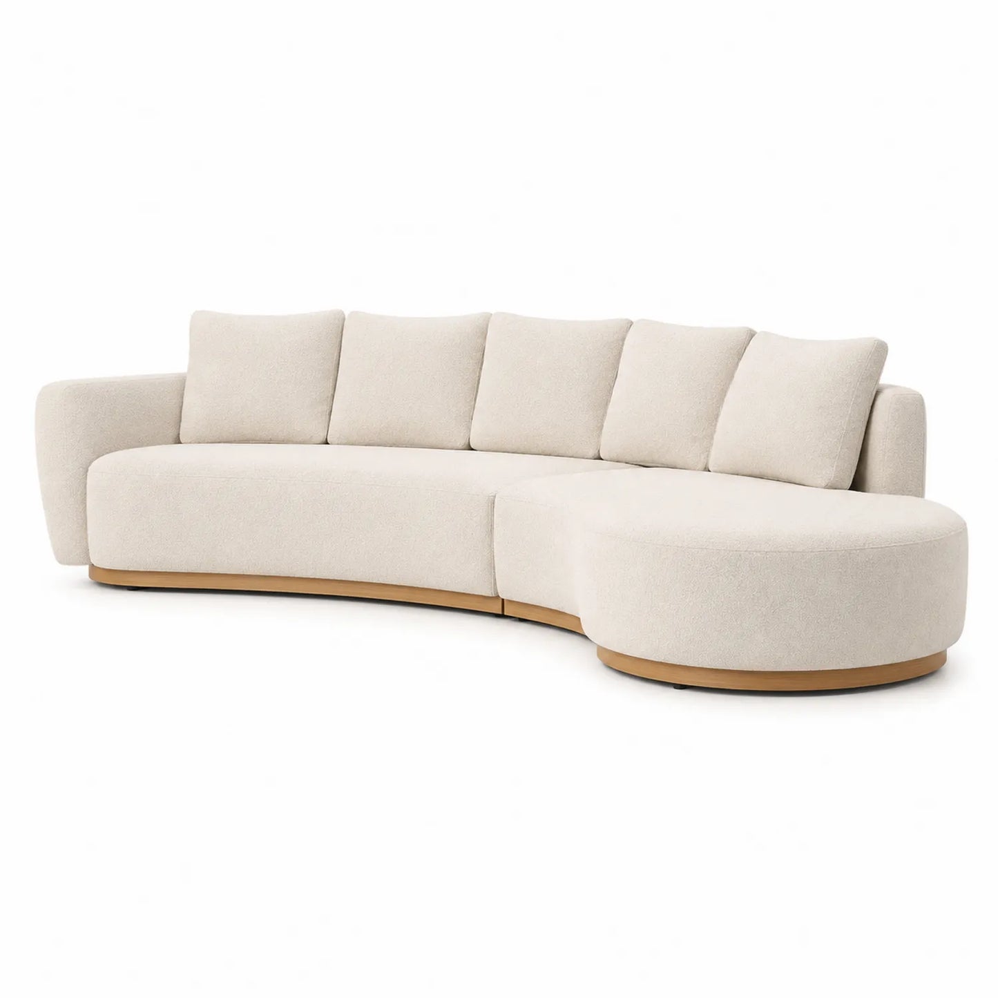 Sofa modułowa z szezlongiem zaokrąglona 300x170x85 cm tkanina beżowa drewniana podstawa