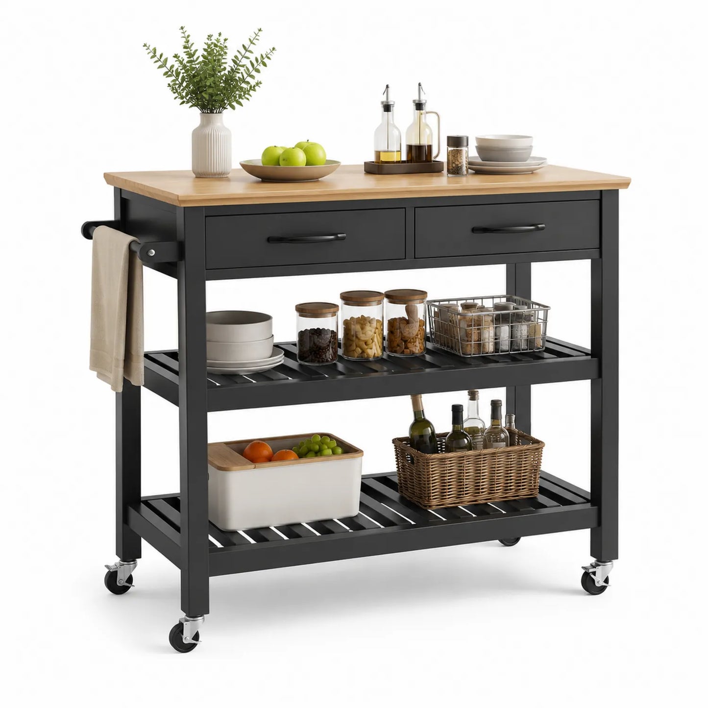 Wyspa kuchenna na kółkach prostokątna MDF stal czarna blat drewno 115 x 50 x 90 cm szuflady półki