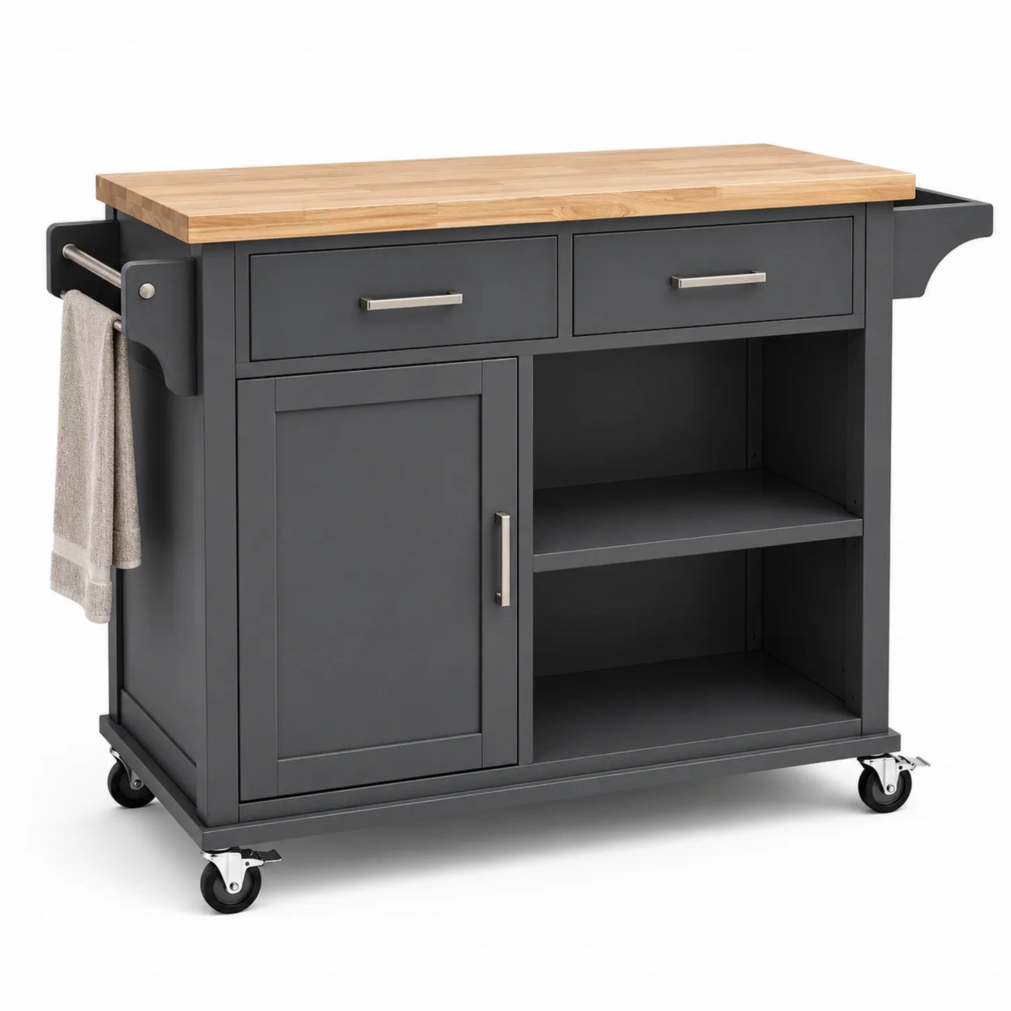 Wyspa kuchenna mobilna 120 x 50 x 90 cm MDF czarna blat drewniany dąb szafka z szufladami i półkami na kółkach