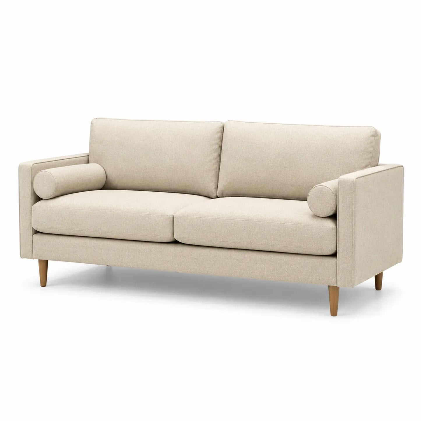 Sofa dwuosobowa 180 x 82 x 82 cm tkanina poliestrowa beżowa z bocznymi wałkami drewniane nogi