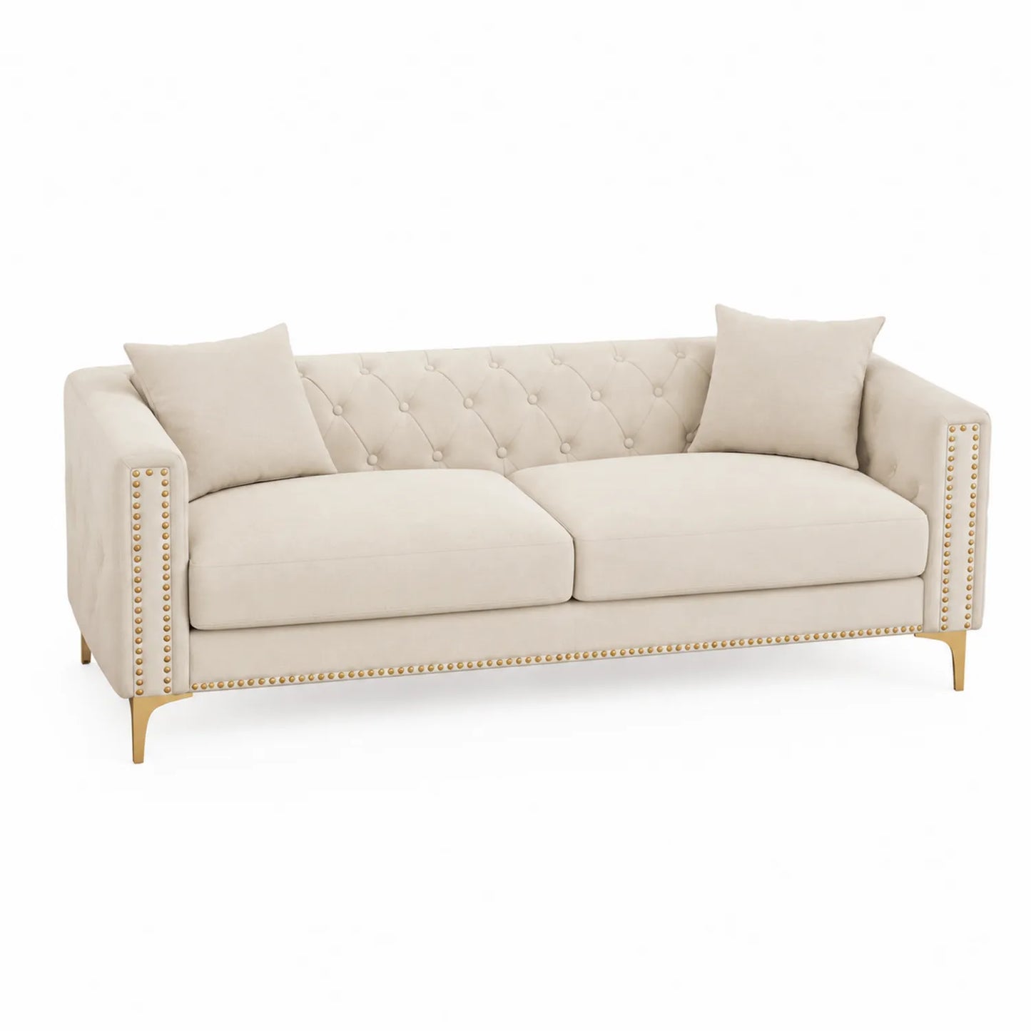 Sofa 3-osobowa 200x85x85 cm tapicerowana tkanina beżowa pikowane oparcie złote nogi metalowe