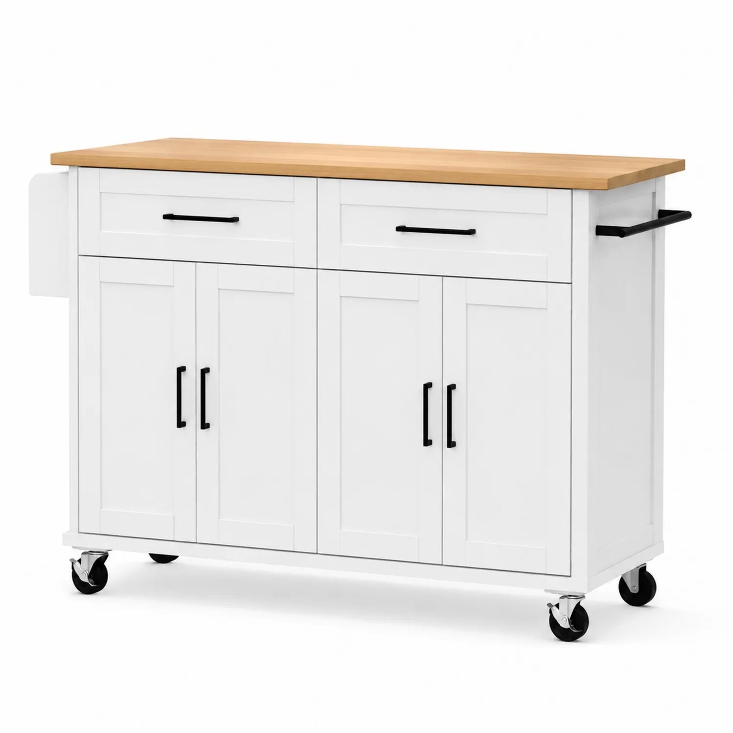 Wyspa kuchenna mobilna 120 x 50 x 90 cm MDF biała blat drewniany naturalny szafki 2 szuflady 4 drzwi na kółkach