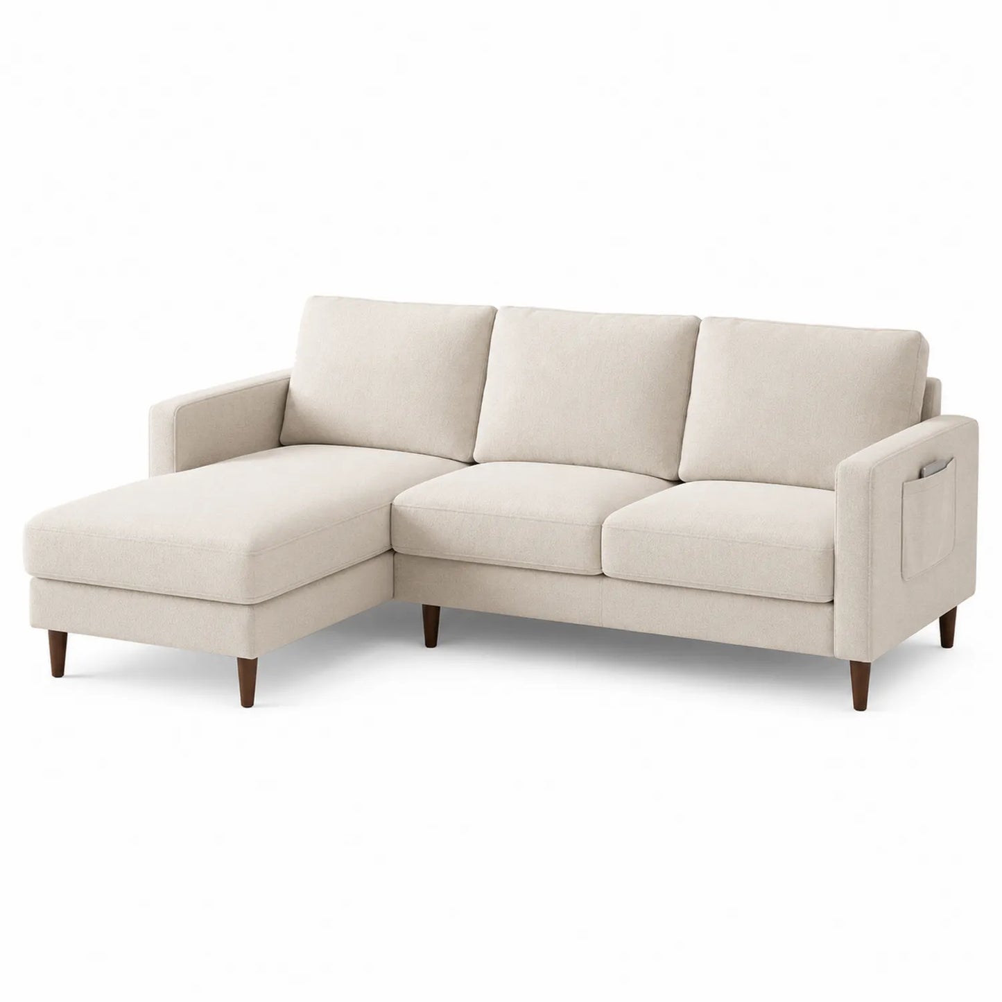 Sofa narożna z szezlongiem lewostronnym 250x160x85 cm tkanina poliestrowa beżowa drewniane nogi