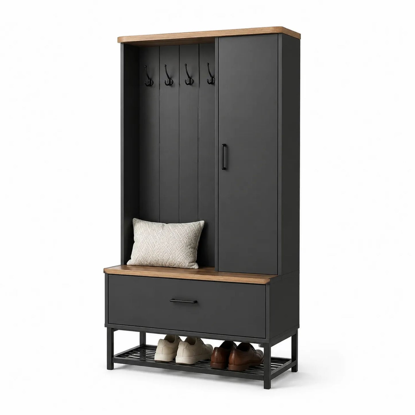 Wieszak do przedpokoju z ławką i szafką na buty 100 x 40 x 190 cm MDF stal grafitowy dąb naturalny