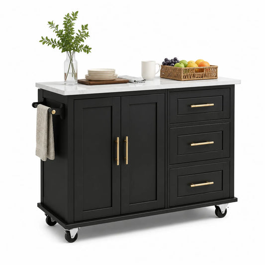 Wyspa kuchenna mobilna 120 cm x 45 cm x 90 cm MDF blat HPL biały marmur czarny korpus złote uchwyty na kółkach prostokątna