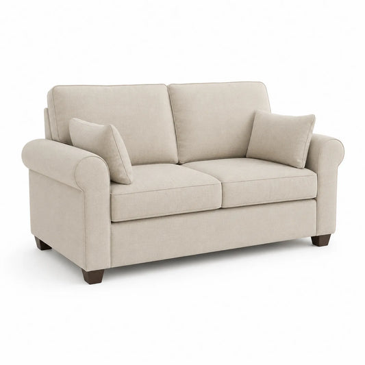 Sofa 2-osobowa 170x85x90 cm beżowa tkanina poliestrowa drewniane nogi ciemnobrązowe