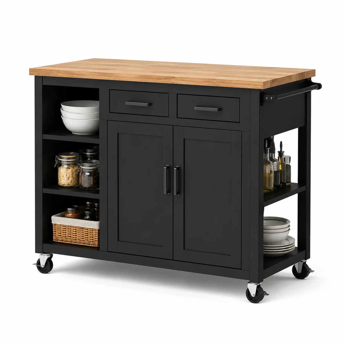 Wyspa kuchenna na kółkach 120 x 60 x 90 cm MDF czarna blat drewniany dąb szafka z szufladami i półkami