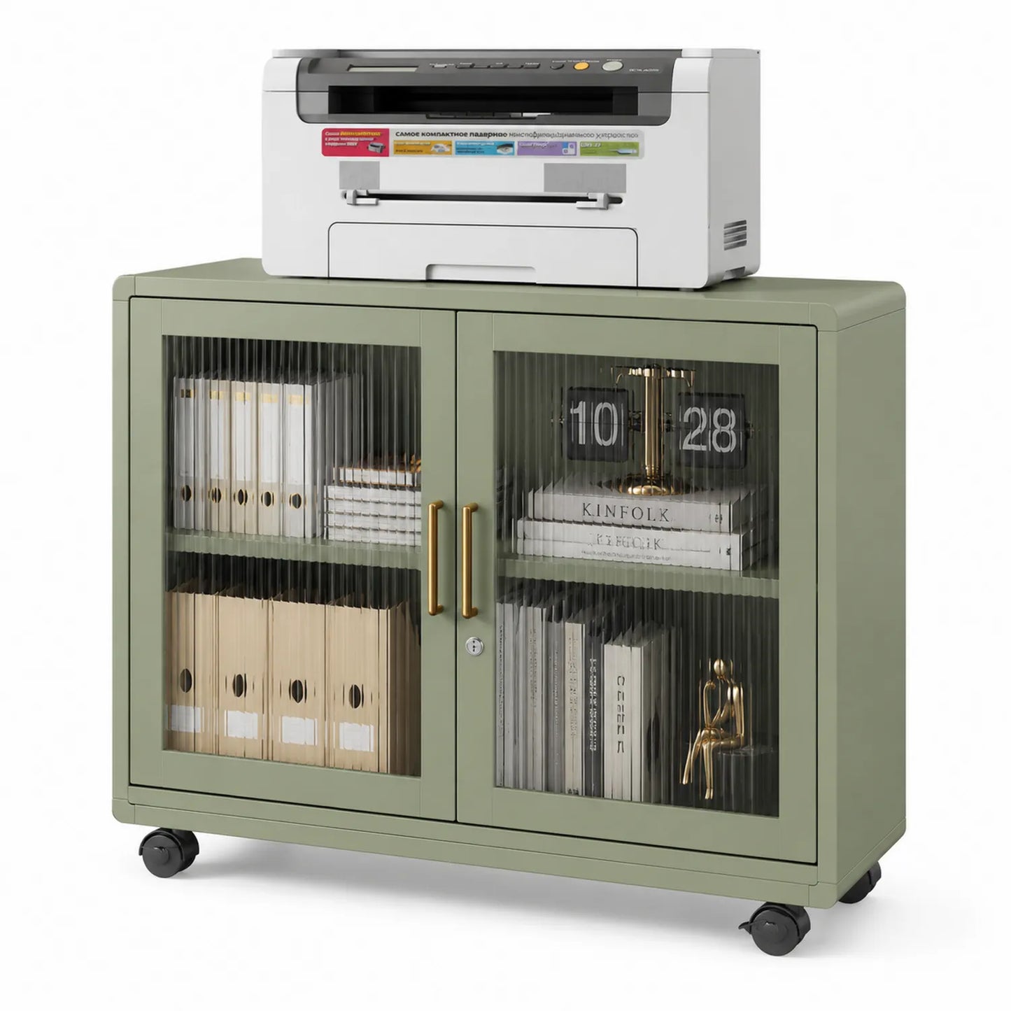 Szafa biurowa na kółkach 80 cm x 40 cm x 75 cm stal MDF szkło ryflowane oliwkowa prostokątna złote uchwyty