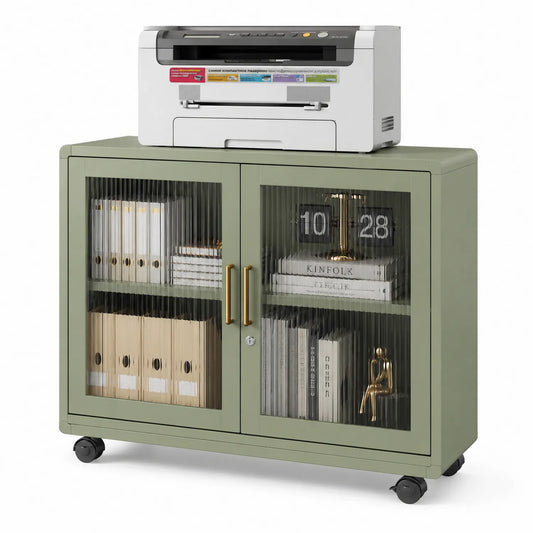 Szafa biurowa na kółkach 80 cm x 40 cm x 75 cm stal MDF szkło ryflowane oliwkowa prostokątna złote uchwyty