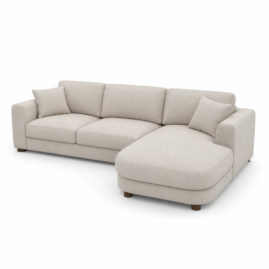 Sofa narożna z szezlongiem prawym 260 x 160 x 85 cm tkanina poliestrowa beżowa drewniany stelaż prostokątna
