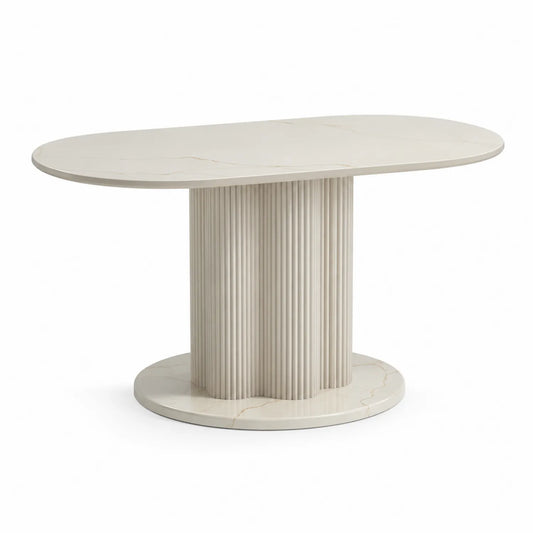 Stół jadalniany owalny 180 cm x 90 cm x 76 cm blat spiek ceramiczny podstawa MDF ryflowana kremowy beżowo złoty