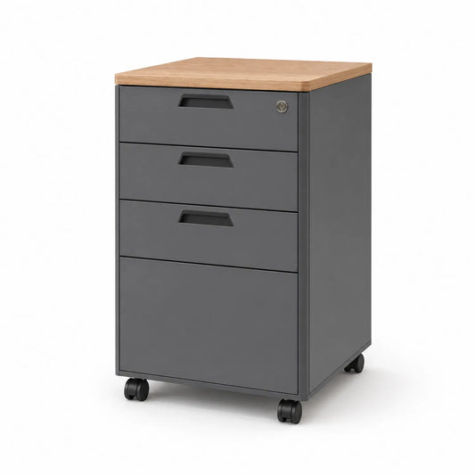 Mobilna szafa kartotekowa 40 cm x 50 cm x 65 cm stal MDF szara z blatem drewnianym i szufladami na kółkach