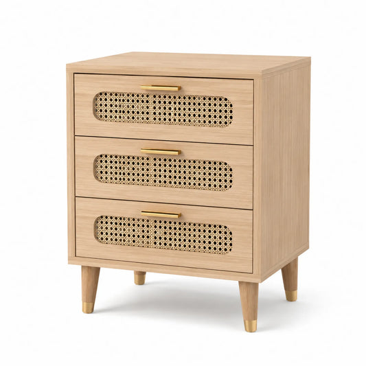 Szafka nocna rattanowa 3 szuflady 55 x 40 x 60 cm MDF dąb naturalny beżowy złoty prostokątna