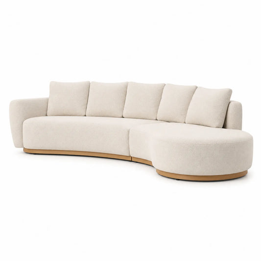 Sofa modułowa z szezlongiem zaokrąglona 300x170x85 cm tkanina beżowa drewniana podstawa