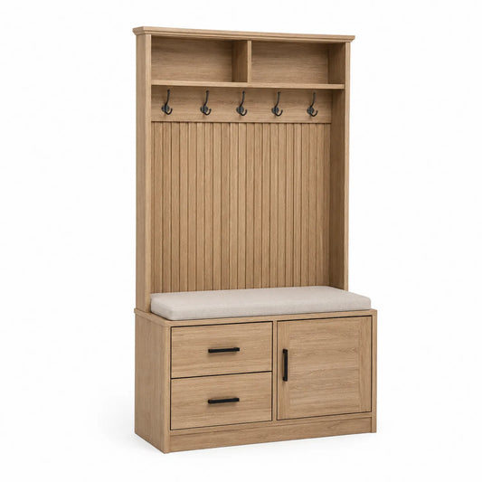 Ławka do przedpokoju z wieszakiem i szafką 100 x 40 x 180 cm MDF dąb naturalny siedzisko tapicerowane beżowe haczyki metalowe