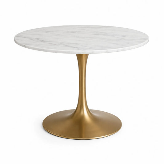 Stół jadalniany okrągły średnica 90 cm wysokość 75 cm blat MDF imitacja marmuru biały złoty metalowa podstawa