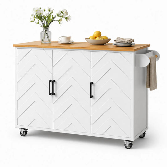 Mobilna wyspa kuchenna prostokątna 120 x 45 x 90 cm MDF biała blat drewniany naturalny na kółkach