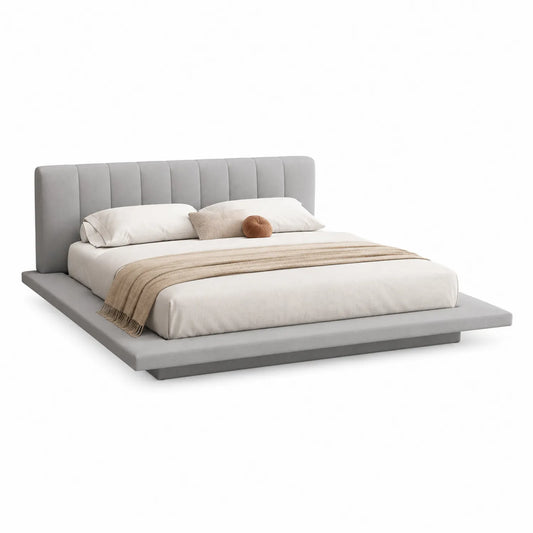 Łóżko tapicerowane platformowe 180 cm x 200 cm MDF i sklejka tkanina poliester szare prostokątne z zagłówkiem