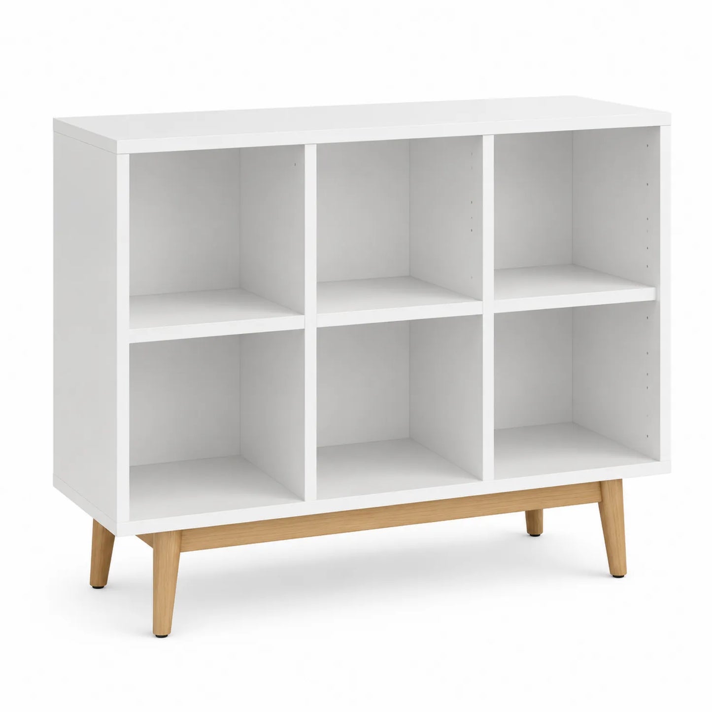 Regał biurowy 120 cm x 30 cm x 80 cm MDF biały drewno naturalne prostokątny 6 przegródek drewniane nogi