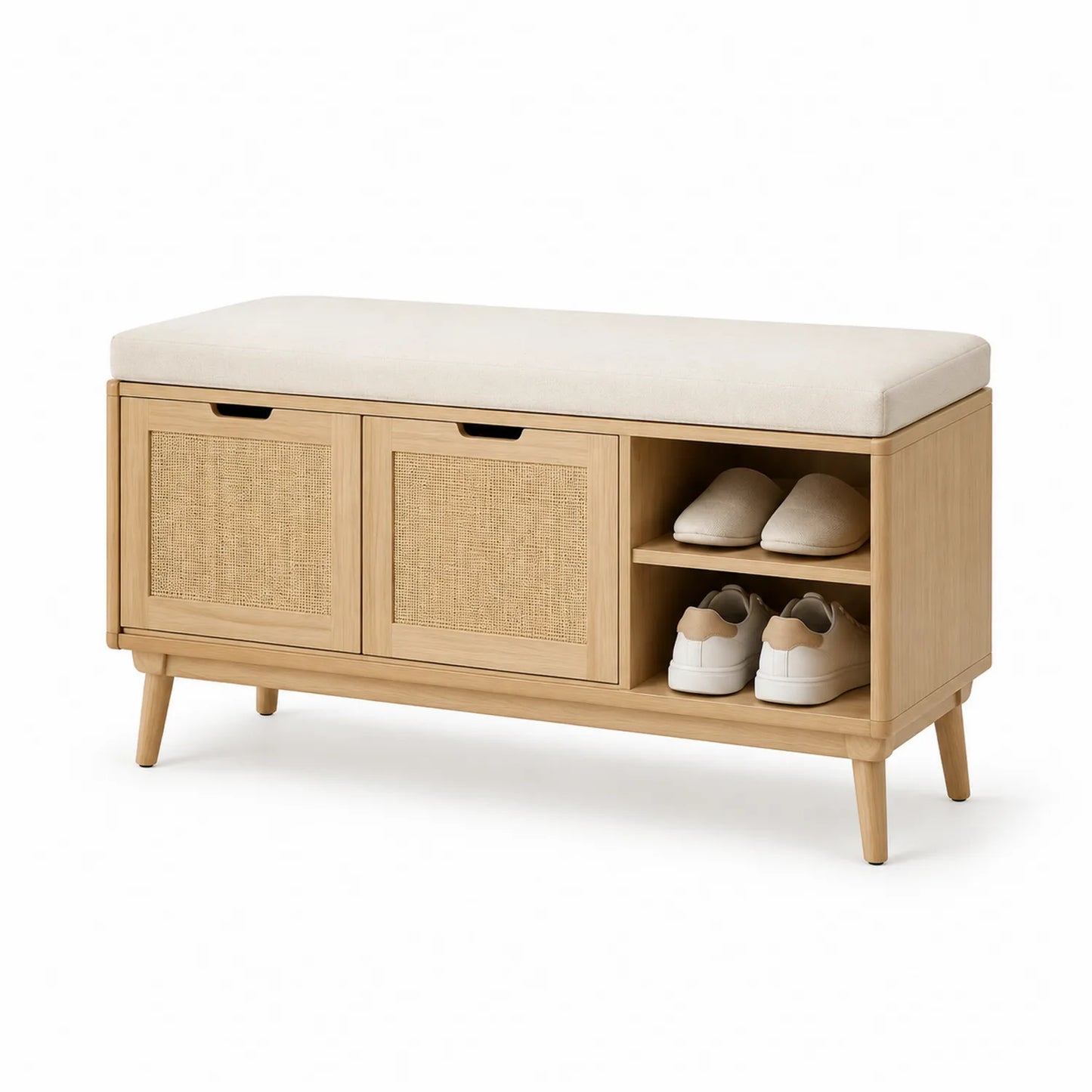 Ławka do przedpokoju z siedziskiem i szafką na buty 100 x 40 x 50 cm MDF rattan dąb naturalny beżowa