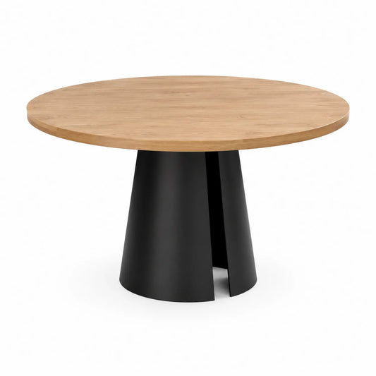 Stół jadalniany okrągły 100 cm MDF fornir dąb czarna metalowa podstawa stożkowa 75 cm