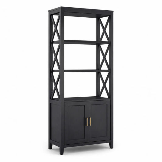 Regał biurowy z szafką 80 cm 35 cm 180 cm metal MDF czarny złoty prostokątny z półkami