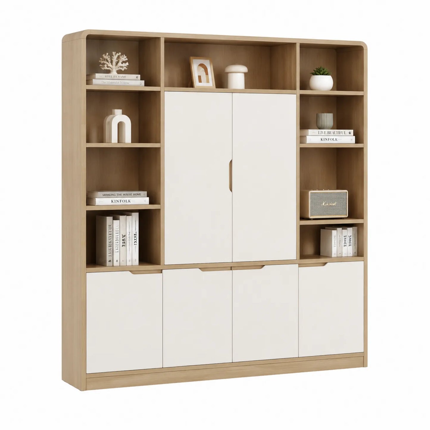 Regał biurowy biblioteczka 160 cm x 40 cm x 180 cm MDF płyta wiórowa laminowana dąb naturalny biały prostokątny z szafkami i półkami