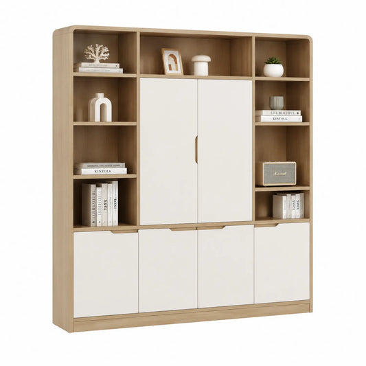 Regał biurowy biblioteczka 160 cm x 40 cm x 180 cm MDF płyta wiórowa laminowana dąb naturalny biały prostokątny z szafkami i półkami