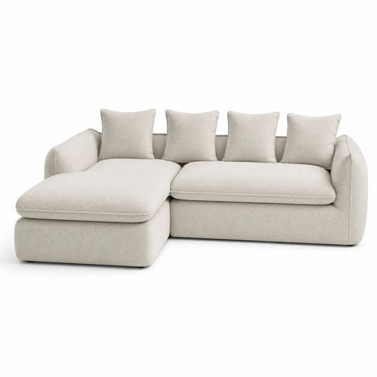 Sofa narożna modułowa L kształt kremowa tkanina bouclé drewniana konstrukcja