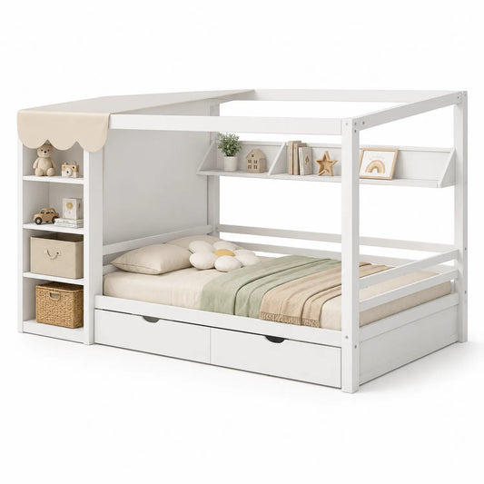 Łóżko dziecięce z antresolą 200 x 100 cm MDF białe beżowe z szufladami i półkami