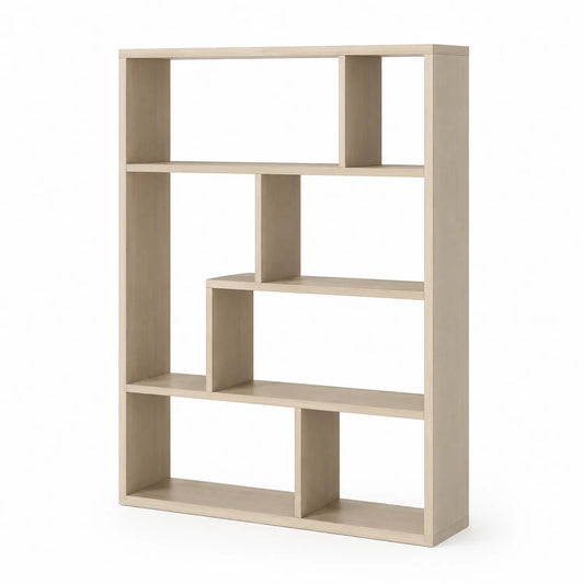 Regał biurowy 120 cm x 30 cm x 180 cm MDF drewno naturalne beżowy prostokątny otwarte półki asymetryczne