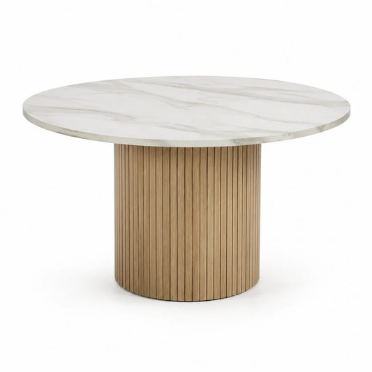 Stół jadalniany okrągły 110 cm MDF HPL blat biały marmur podstawa ryflowana dąb naturalny 75 cm