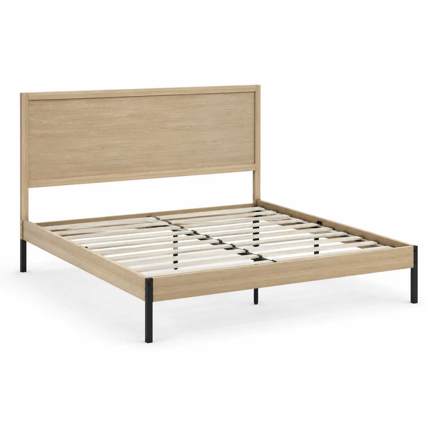 Łóżko dwuosobowe 160 x 200 cm rama MDF dąb naturalny prostokątne czarne metalowe nogi stelaż listwowy