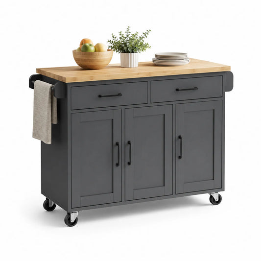 Wyspa kuchenna mobilna 120 x 45 x 90 cm MDF blat bambusowy ciemnoszary 2 szuflady 3 drzwi na kółkach