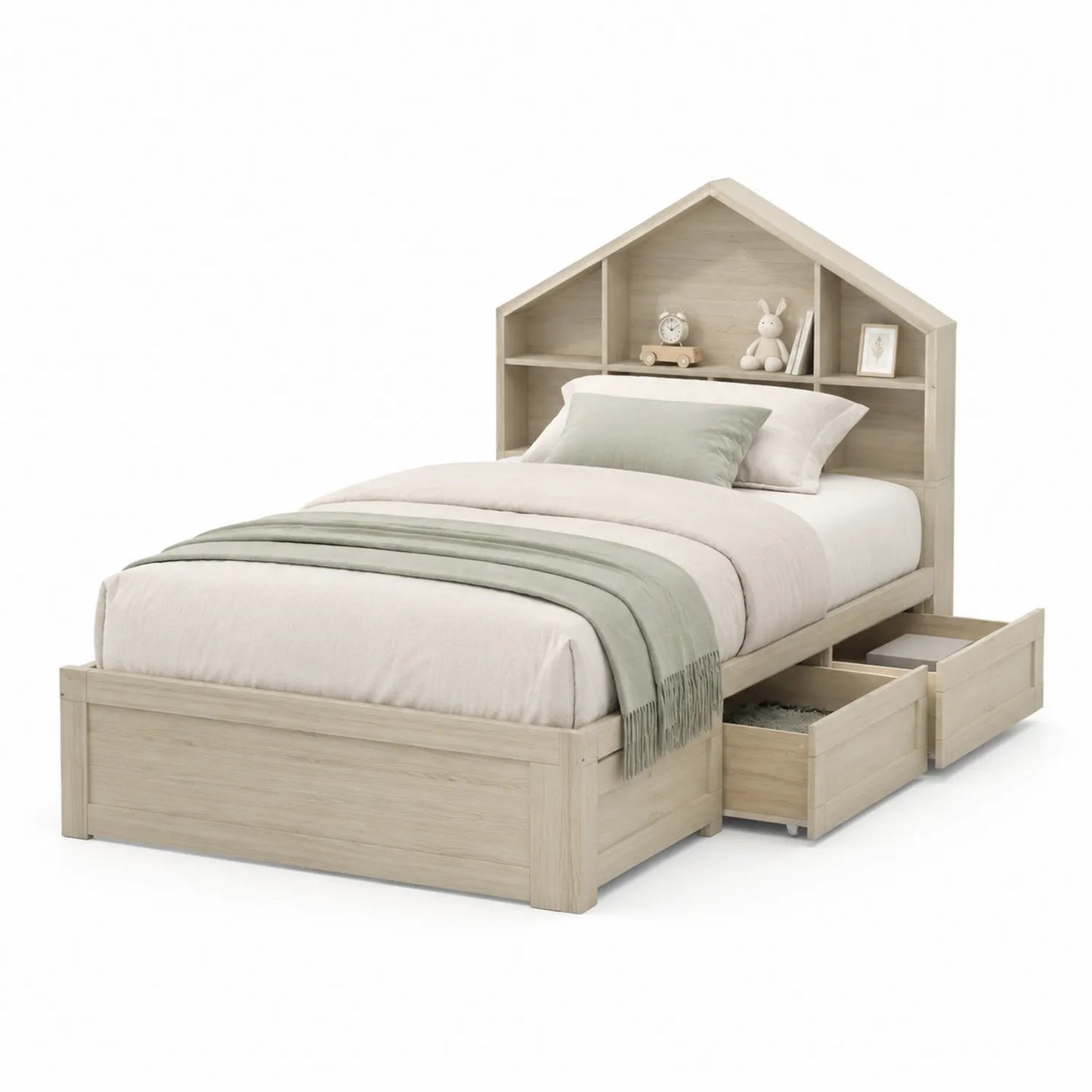 Łóżko dziecięce domek z szufladami i półkami 90x200 cm MDF drewno jasne prostokątne