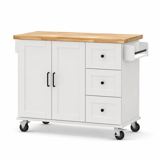 Mobilna wyspa kuchenna 115x45x90 cm MDF biały blat drewno kauczukowe naturalny kółka czarne uchwyt na ręcznik