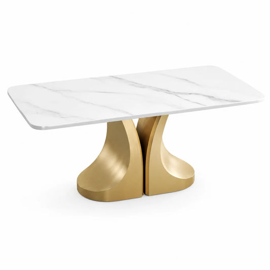 Stół jadalniany prostokątny 160 x 90 x 75 cm blat ceramiczny efekt białego marmuru złota metalowa podstawa