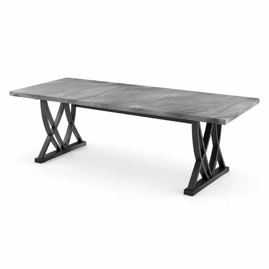 Stół jadalniany prostokątny 180 x 90 x 75 cm spiek kwarcowy efekt marmuru szary stalowa podstawa krzyżowa czarna
