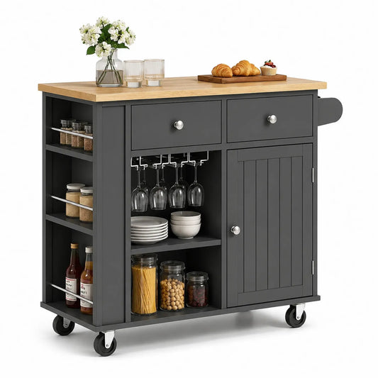 Wyspa kuchenna mobilna 120 x 50 x 90 cm MDF grafitowa blat drewniany naturalny szafka z szufladami i półką na kółkach