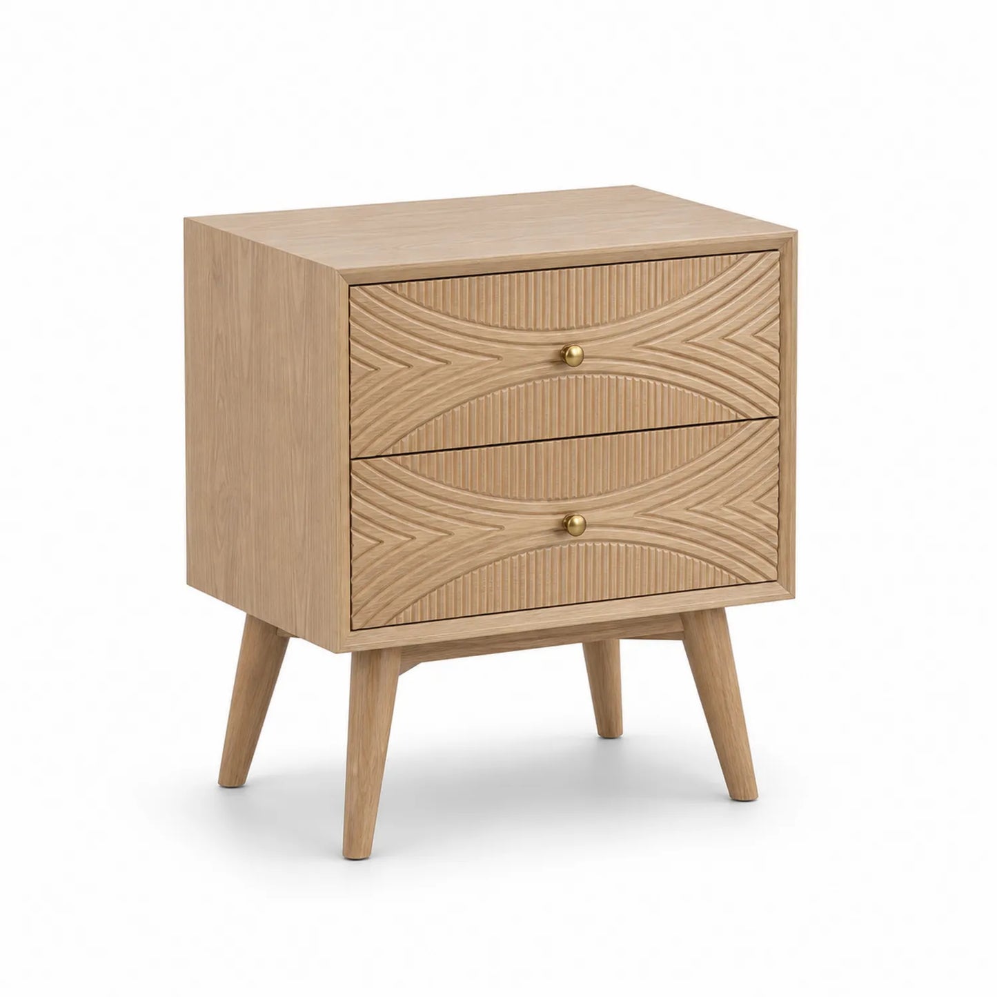 Szafka nocna MDF fornir dębowy drewno kauczukowe jasny dąb 55 cm x 40 cm x 58 cm prostokątna 2 szuflady złote uchwyty frezowane fronty