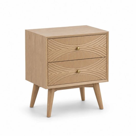 Szafka nocna MDF fornir dębowy drewno kauczukowe jasny dąb 55 cm x 40 cm x 58 cm prostokątna 2 szuflady złote uchwyty frezowane fronty