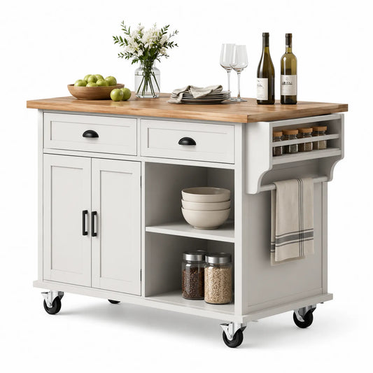 Mobilna wyspa kuchenna 120x60x90 cm MDF biały blat drewniany dąb naturalny czarne uchwyty kółka