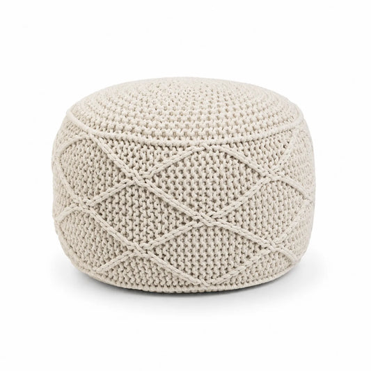 Puf okrągły 50 cm x 35 cm dzianina bawełniana kremowy splot pleciony wypełnienie EPS