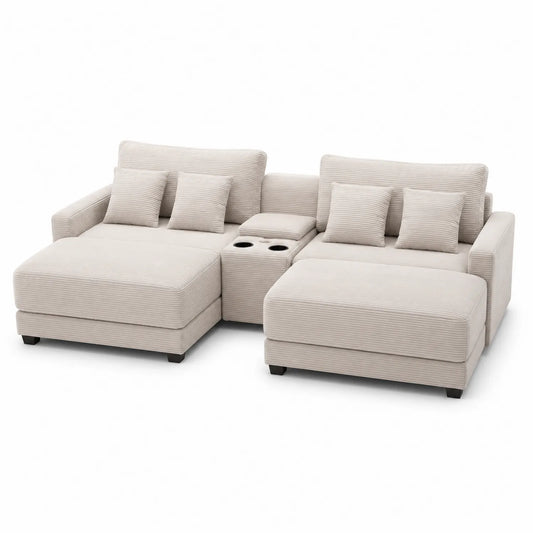 Sofa modułowa narożna w kształcie U 300 cm 160 cm 85 cm tkanina sztruksowa poliestrowa beżowa z uchwytem na kubki