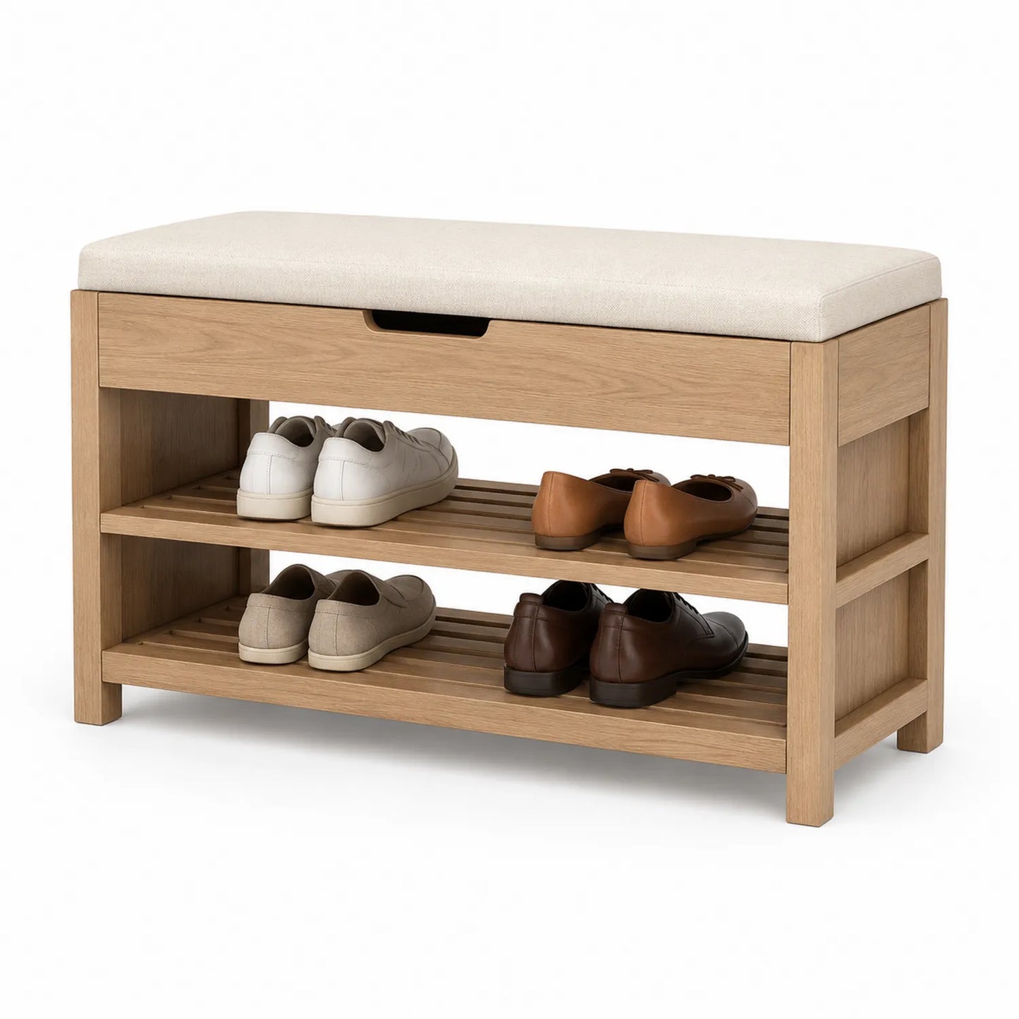 Ławka do przedpokoju z siedziskiem i półkami na buty 100x35x45 cm drewno dąb naturalny beżowe siedzisko z szufladą