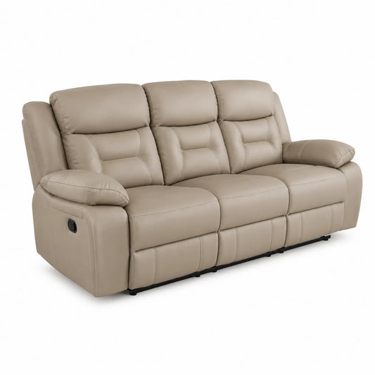 Sofa rozkładana trzyosobowa 205 cm 96 cm 102 cm skóra syntetyczna PU szarobeżowa z funkcją relaks i wysuwanymi podnóżkami