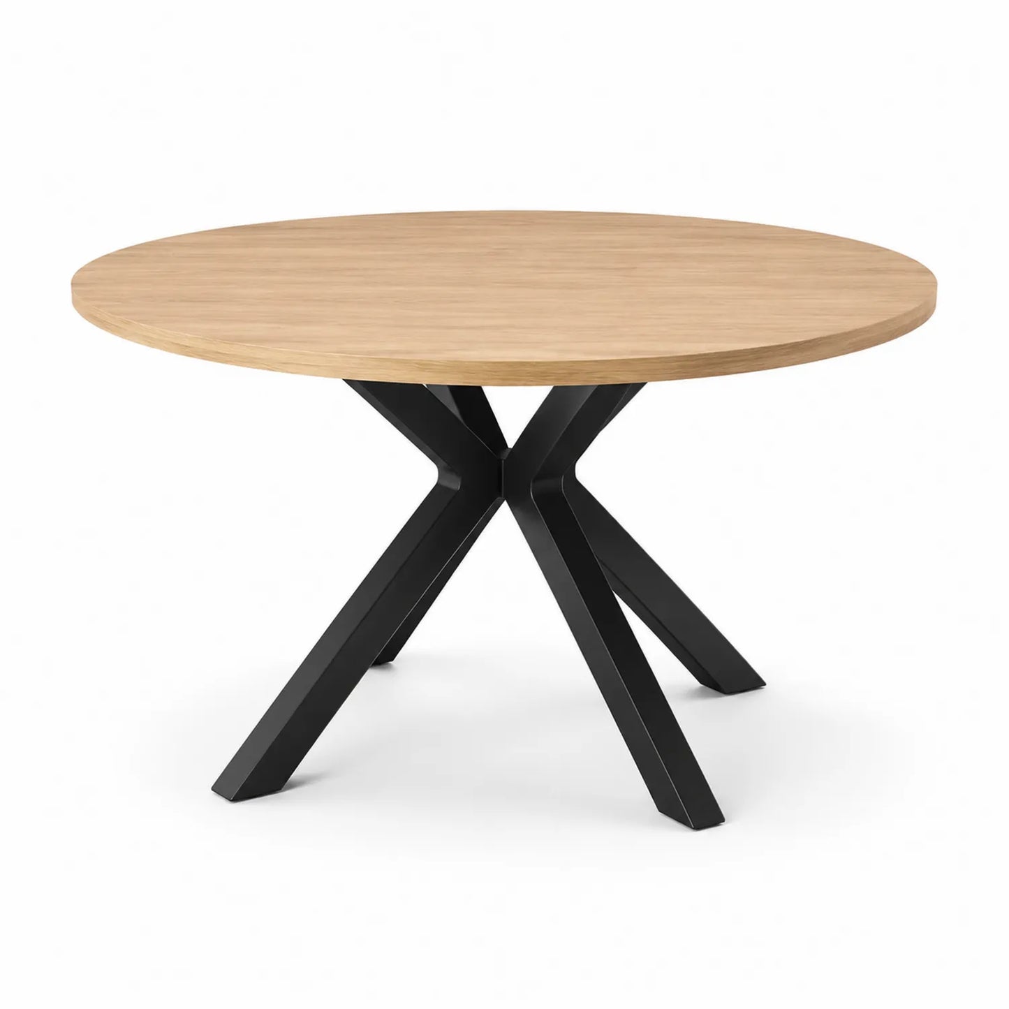 Stół jadalniany okrągły średnica 110 cm wysokość 75 cm MDF fornir dąb naturalny czarna metalowa podstawa krzyżowa