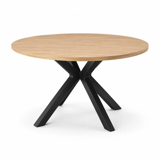 Stół jadalniany okrągły średnica 110 cm wysokość 75 cm MDF fornir dąb naturalny czarna metalowa podstawa krzyżowa